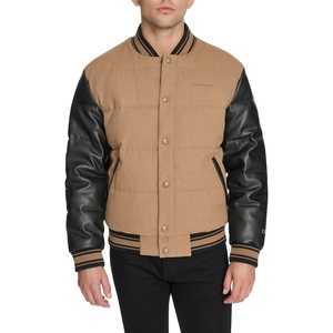Champion Men’s Varsity Bomber Puffer Jacket(Camel/Black Faux Leather)