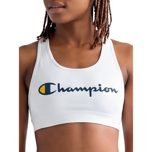 Champion Women’s Champion Script Sports Bra, Flexible Fit(Bright White – Script Logo)