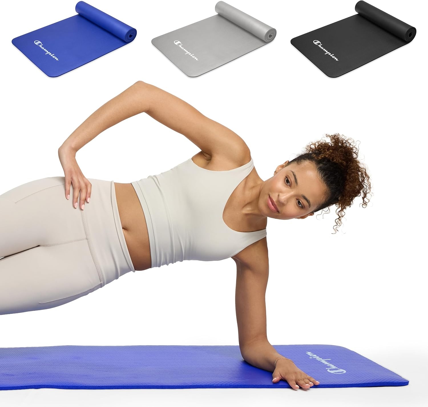 image:imageChampion 10mm Exercise Mat Cushioned NonSlip Workout Mat with Textured Base for Yoga Pilates Stretching amp FloorBased Training Lightweight NBR Material Includes CarryOn StrapBlue