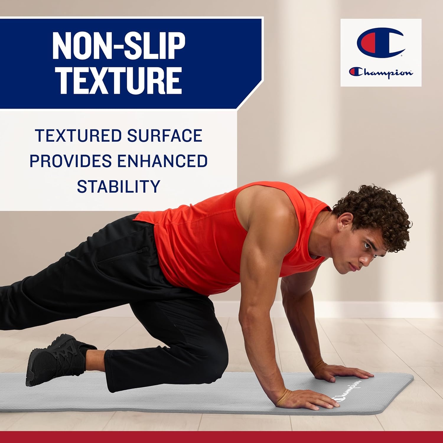 image:imageChampion 10mm Exercise Mat Cushioned NonSlip Workout Mat with Textured Base for Yoga Pilates Stretching amp FloorBased Training Lightweight NBR Material Includes CarryOn StrapBlack