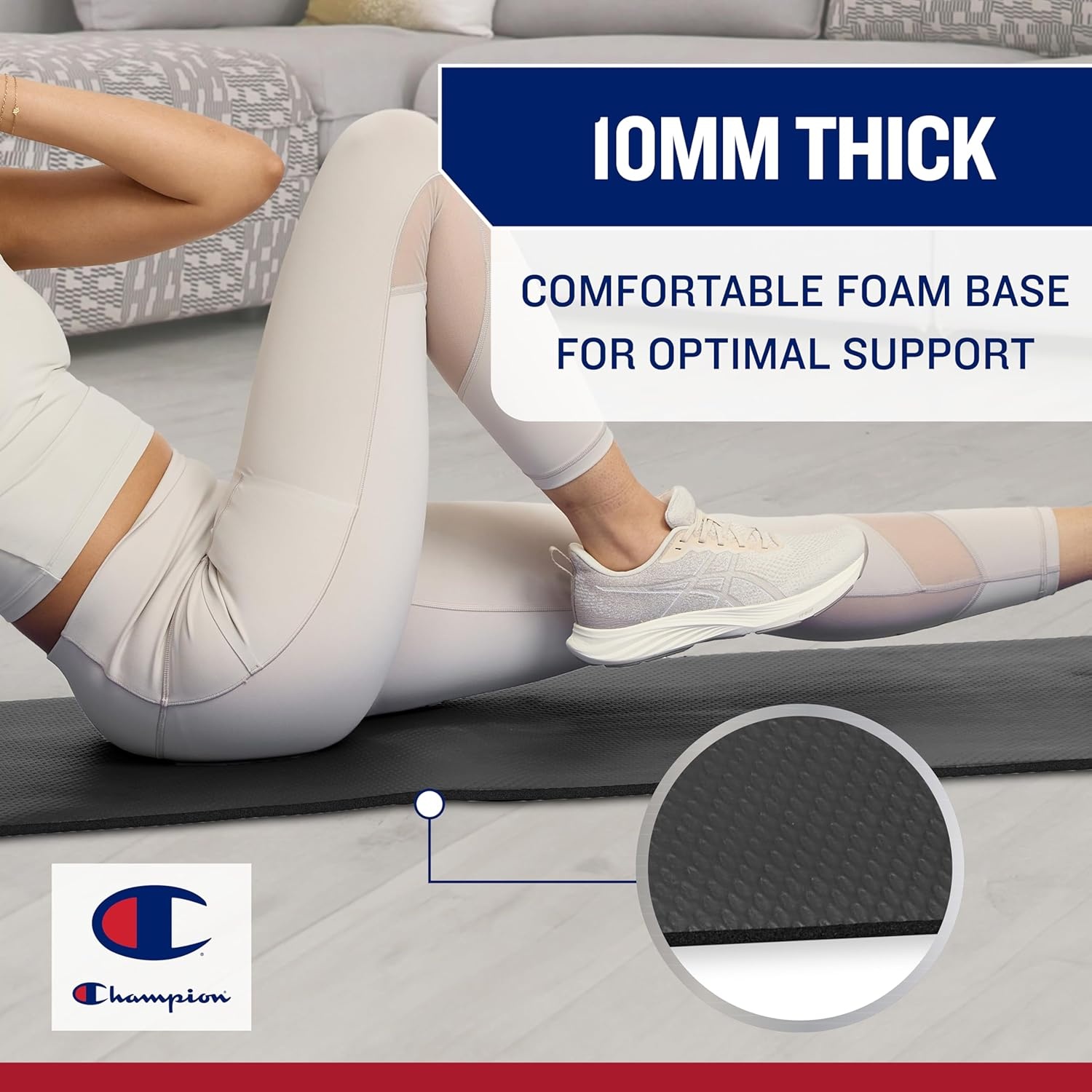 image:imageChampion 10mm Exercise Mat Cushioned NonSlip Workout Mat with Textured Base for Yoga Pilates Stretching amp FloorBased Training Lightweight NBR Material Includes CarryOn StrapBlack