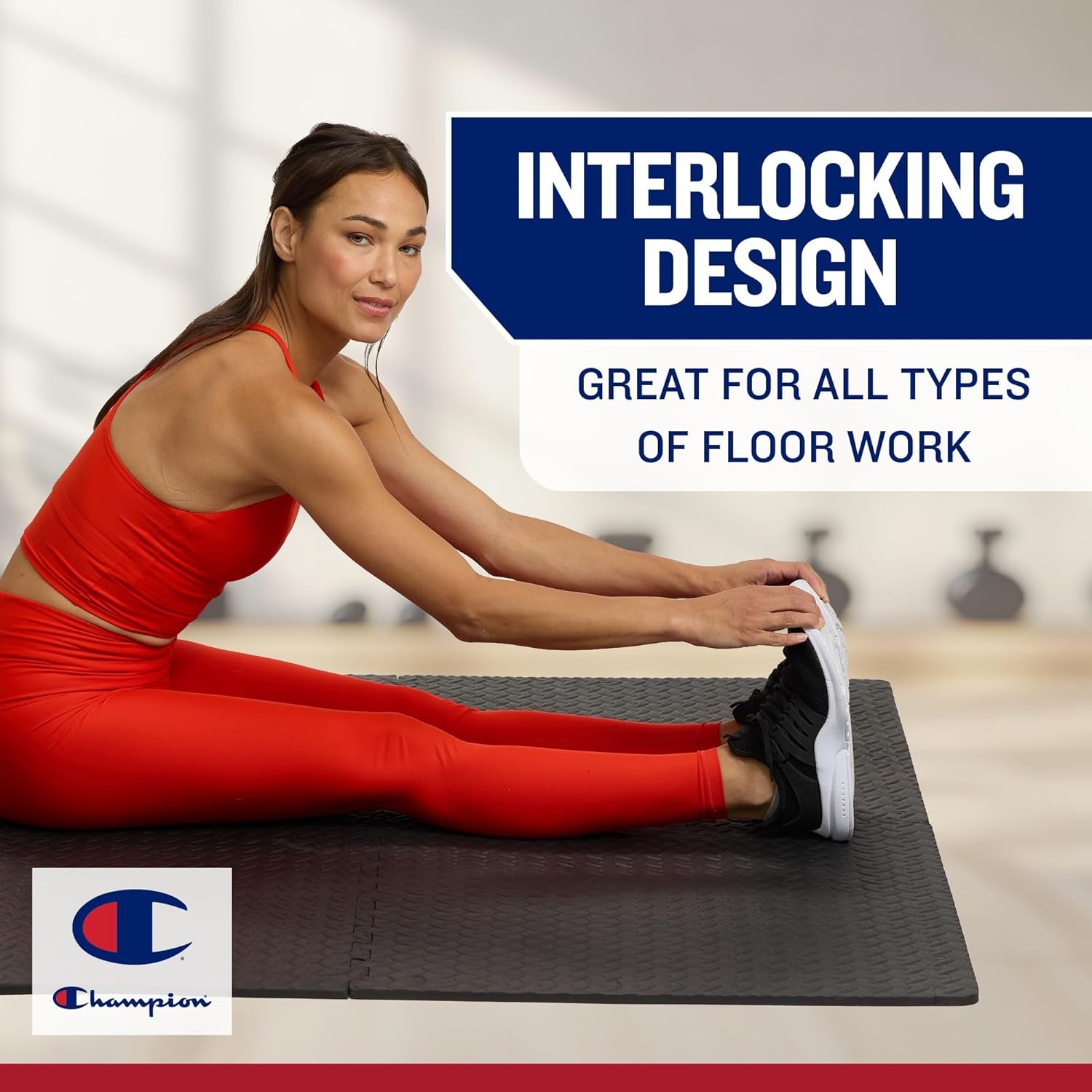 image:imageChampion Interlocking Foam Floor Tiles 12mm Thick EVA Foam Exercise Mat Set with 4 Interlocking Mats amp 8 Border Pieces NonSlip Cushioned Flooring for Home Workout Yoga Stretching and Pilates