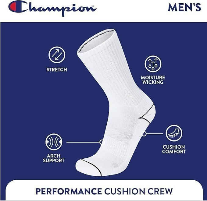 image:imageChampion Mens Crew Socks Moisturewicking Athletic Socks With Cushioning amp Arch Support Size 612Assorted