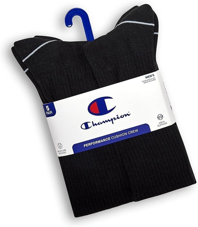 image:imageChampion Mens Crew Socks Moisturewicking Athletic Socks With Cushioning amp Arch Support Size 612Black HeelToe