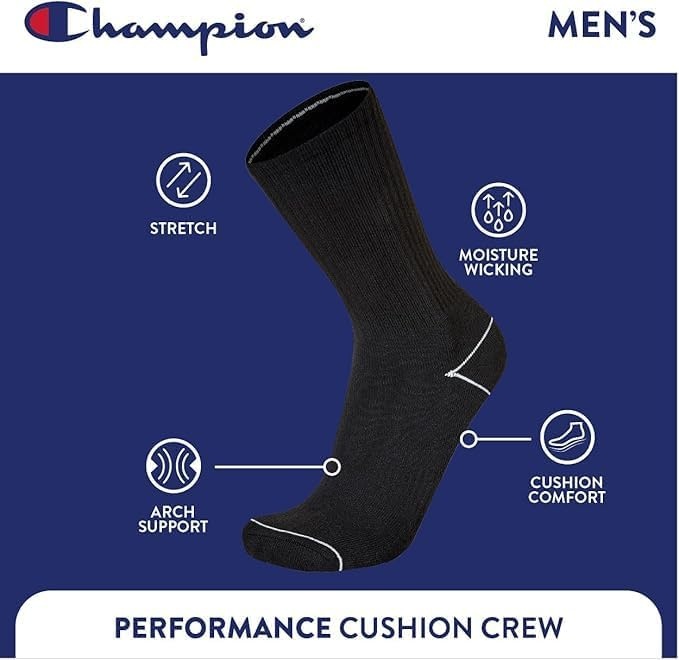 image:imageChampion Mens Crew Socks Moisturewicking Athletic Socks With Cushioning amp Arch Support Size 612Black HeelToe