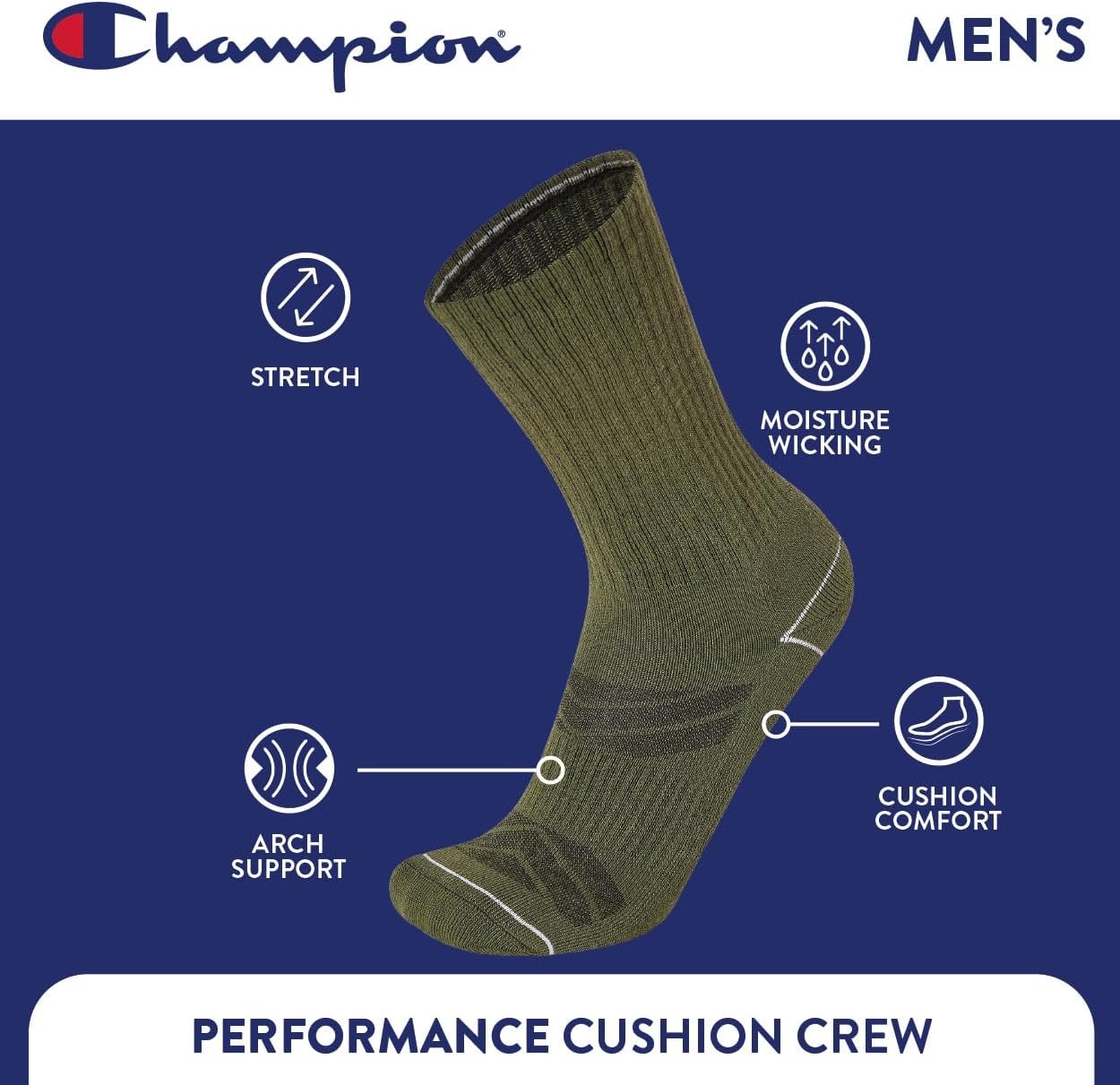 image:imageChampion Mens Crew Socks Moisturewicking Athletic Socks With Cushioning amp Arch Support Size 612GreenGreyBlue Assorted