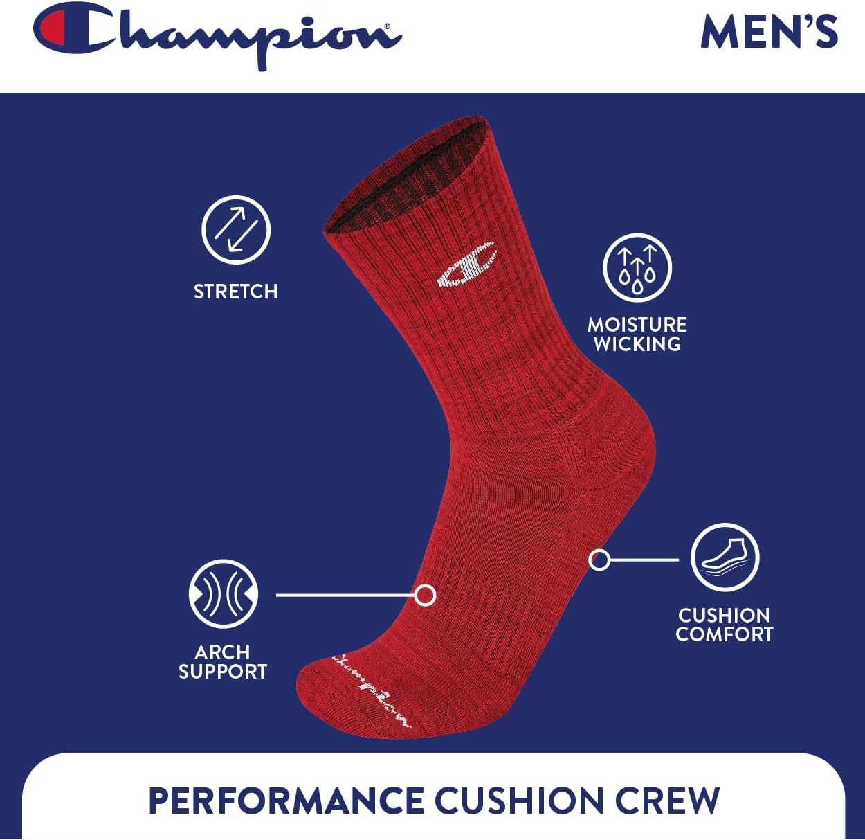 image:imageChampion Mens Crew Socks Moisturewicking Athletic Socks With Cushioning amp Arch Support Size 612Red Assorted