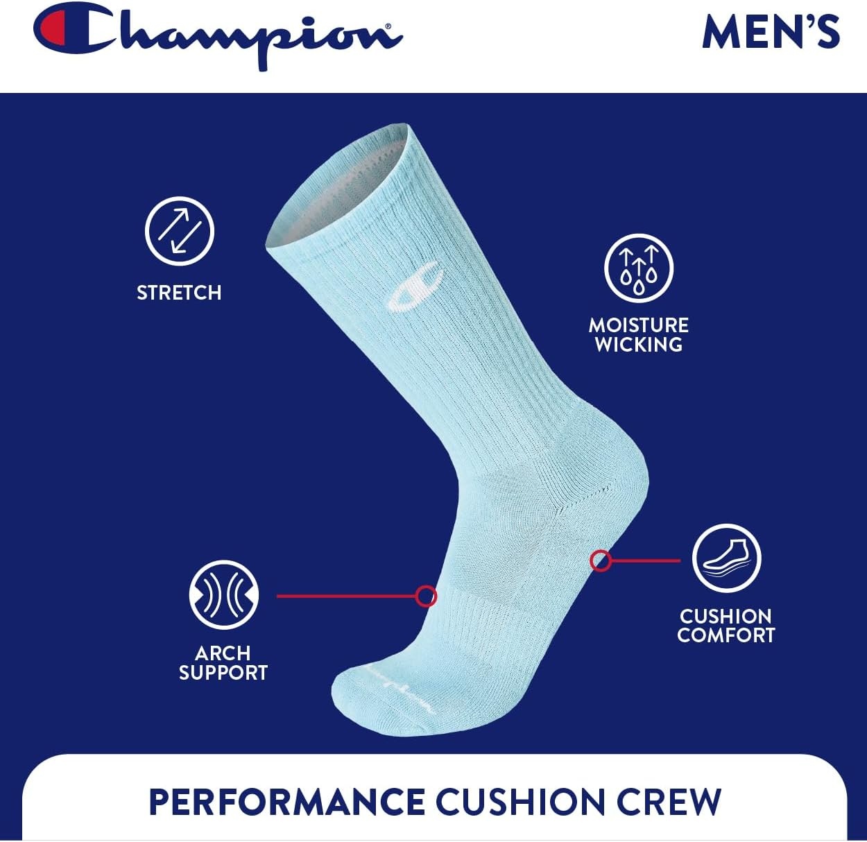 image:imageChampion Mens Crew Socks Moisturewicking Athletic Socks With Cushioning amp Arch Support Size 612TanBlueBlack Multi
