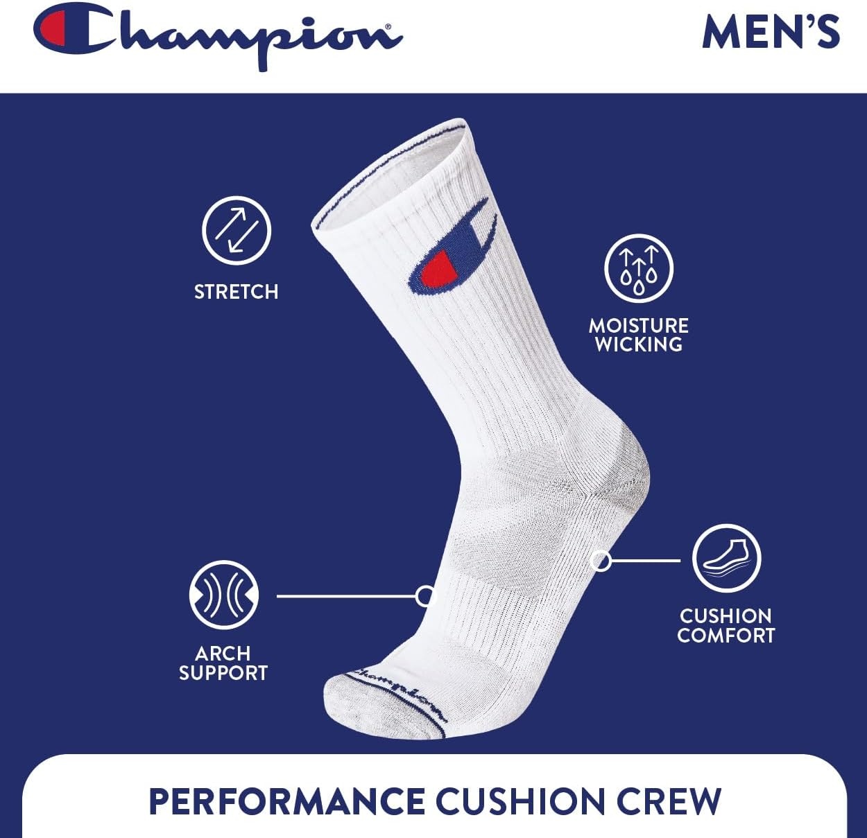 image:imageChampion Mens Crew Socks Moisturewicking Athletic Socks With Cushioning amp Arch Support Size 612White Cuff Logo
