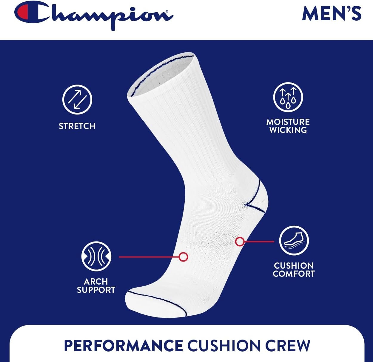 image:imageChampion Mens Crew Socks Moisturewicking Athletic Socks With Cushioning amp Arch Support Size 612White HeelToe