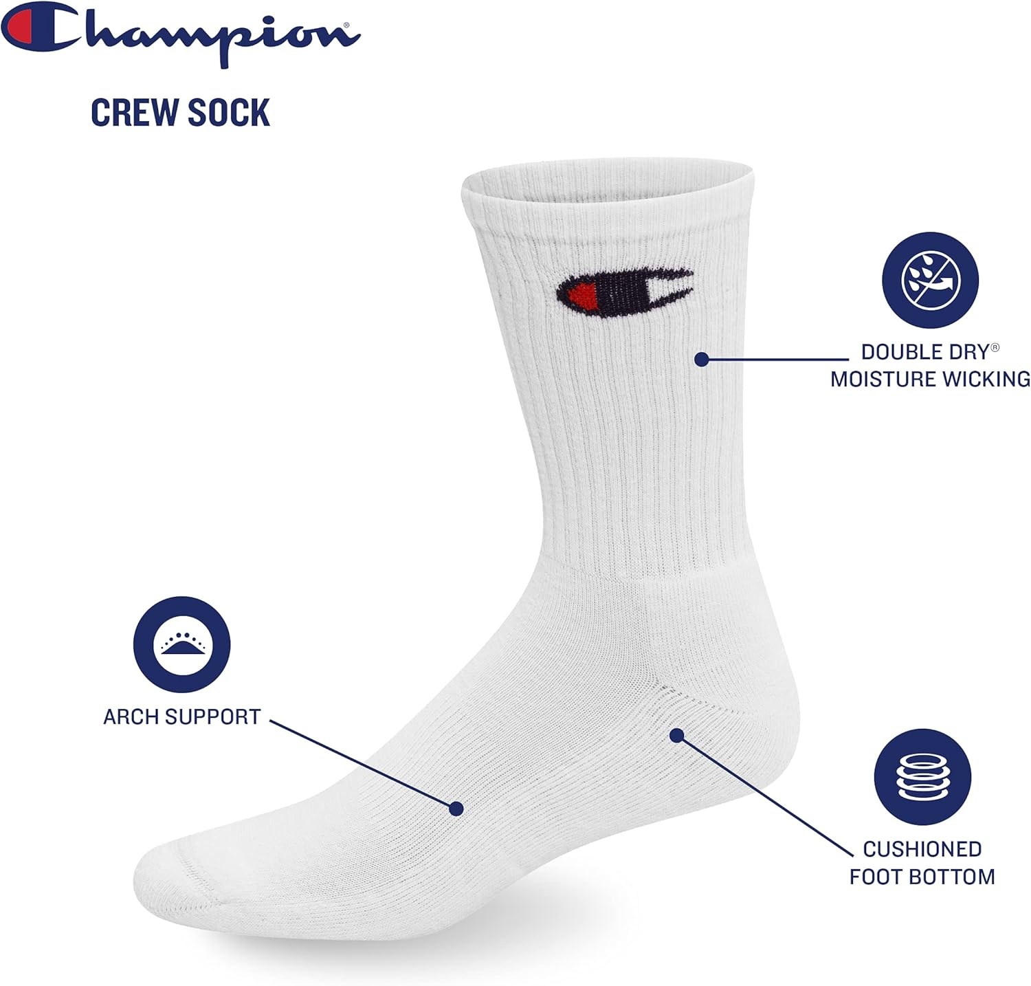 image:imageChampion Mens Crew Socks Moisturewicking Athletic Socks With Cushioning amp Arch Support Size 612WhiteGreyBlack 6 Pack