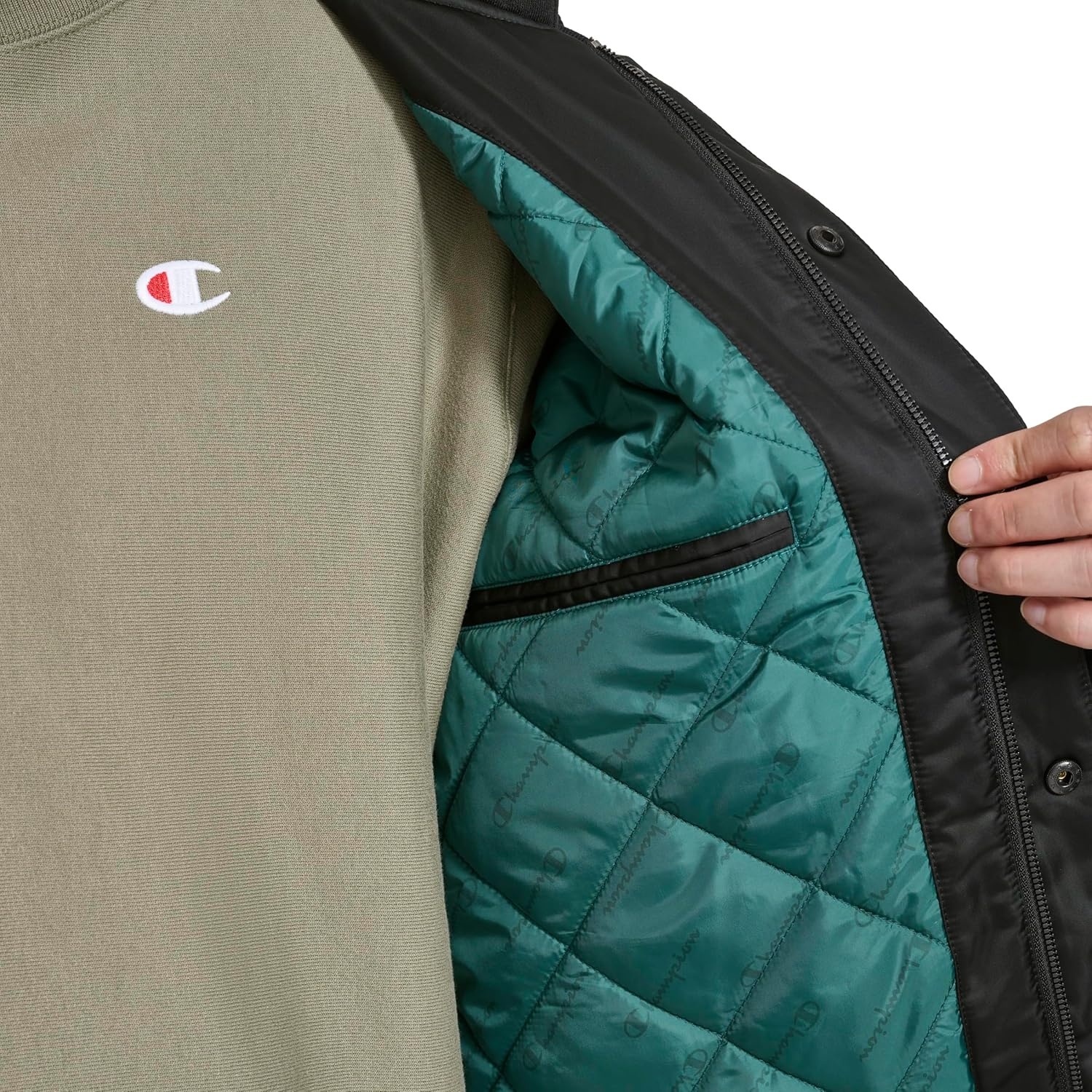image:imageChampion Mens Hooded Varsity Bomber Jacket With Quilted LiningBlack