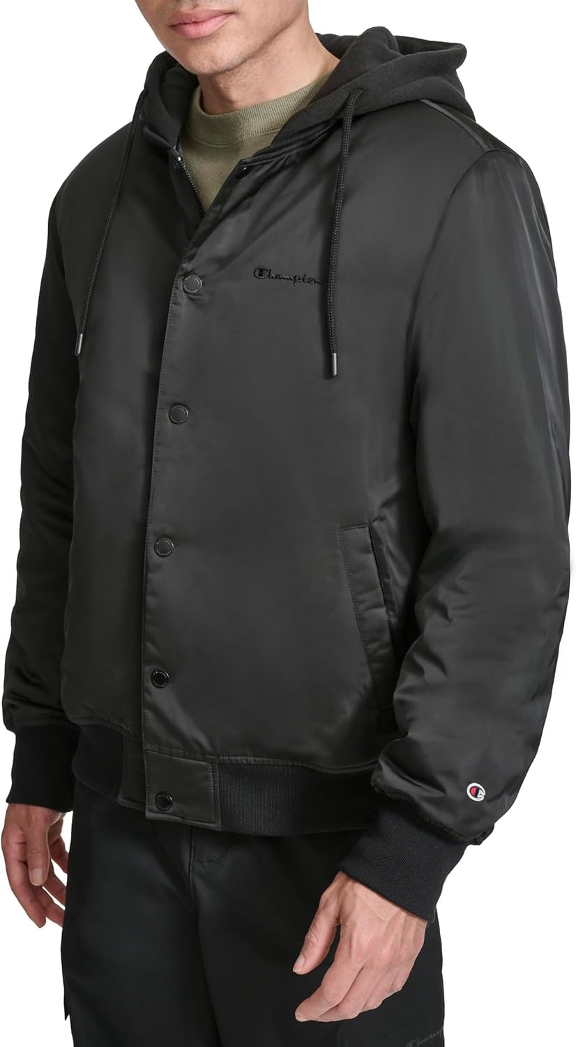 image:imageChampion Mens Hooded Varsity Bomber Jacket With Quilted LiningBlack