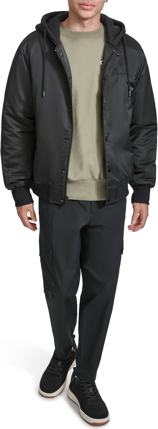 image:imageChampion Mens Hooded Varsity Bomber Jacket With Quilted LiningBlack