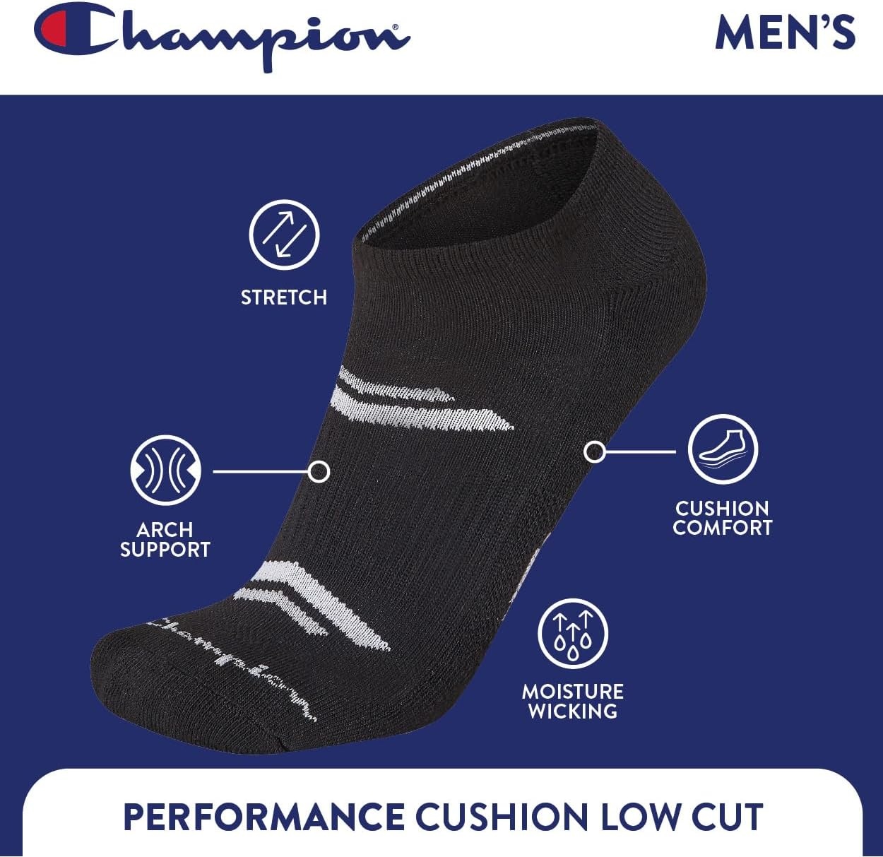 image:imageChampion Mens Low Cut Beathable MoistureWicking Athletic Socks 6PackBlack Logo