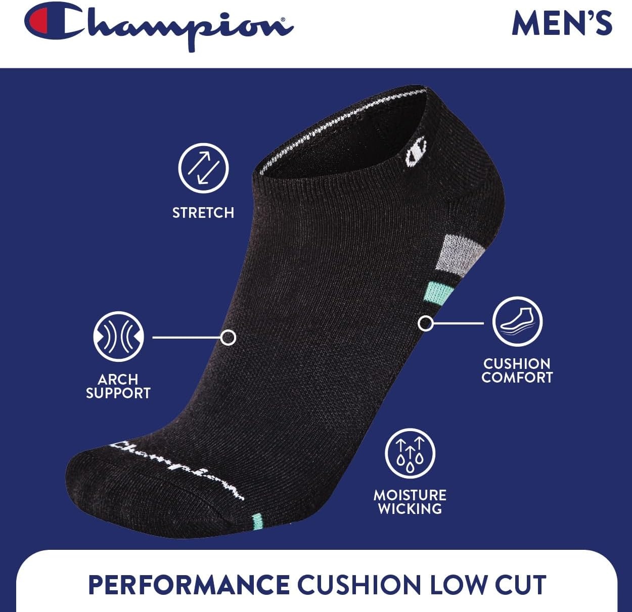 image:imageChampion Mens Low Cut Beathable MoistureWicking Athletic Socks 6PackBlack Stripe