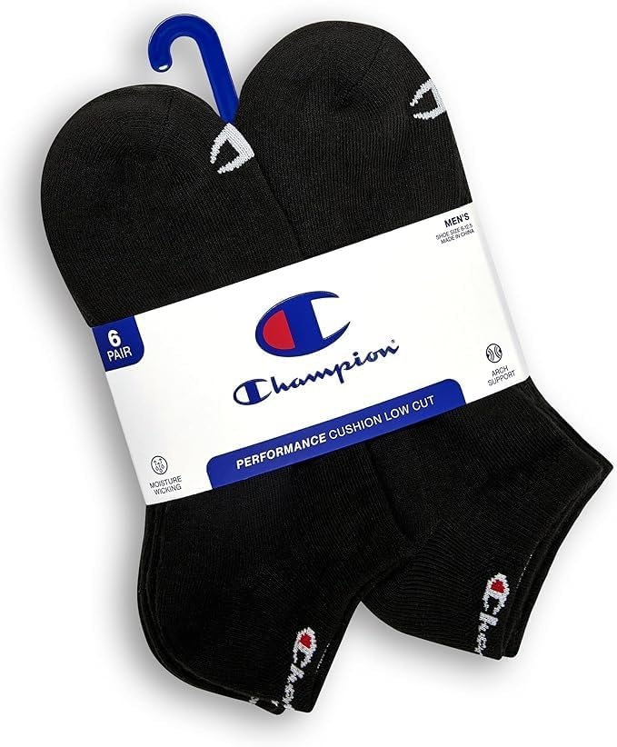 image:imageChampion Mens Low Cut Beathable MoistureWicking Athletic Socks 6PackBlack Toe Logo