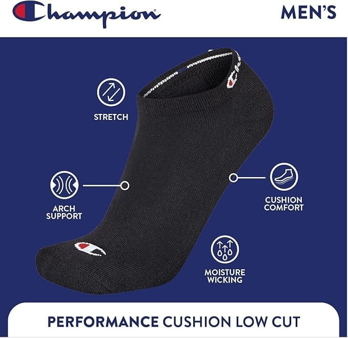 image:imageChampion Mens Low Cut Beathable MoistureWicking Athletic Socks 6PackBlack Toe Logo