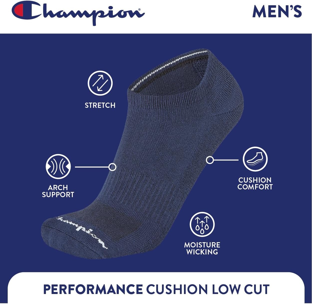 image:imageChampion Mens Low Cut Beathable MoistureWicking Athletic Socks 6PackBlue Assorted
