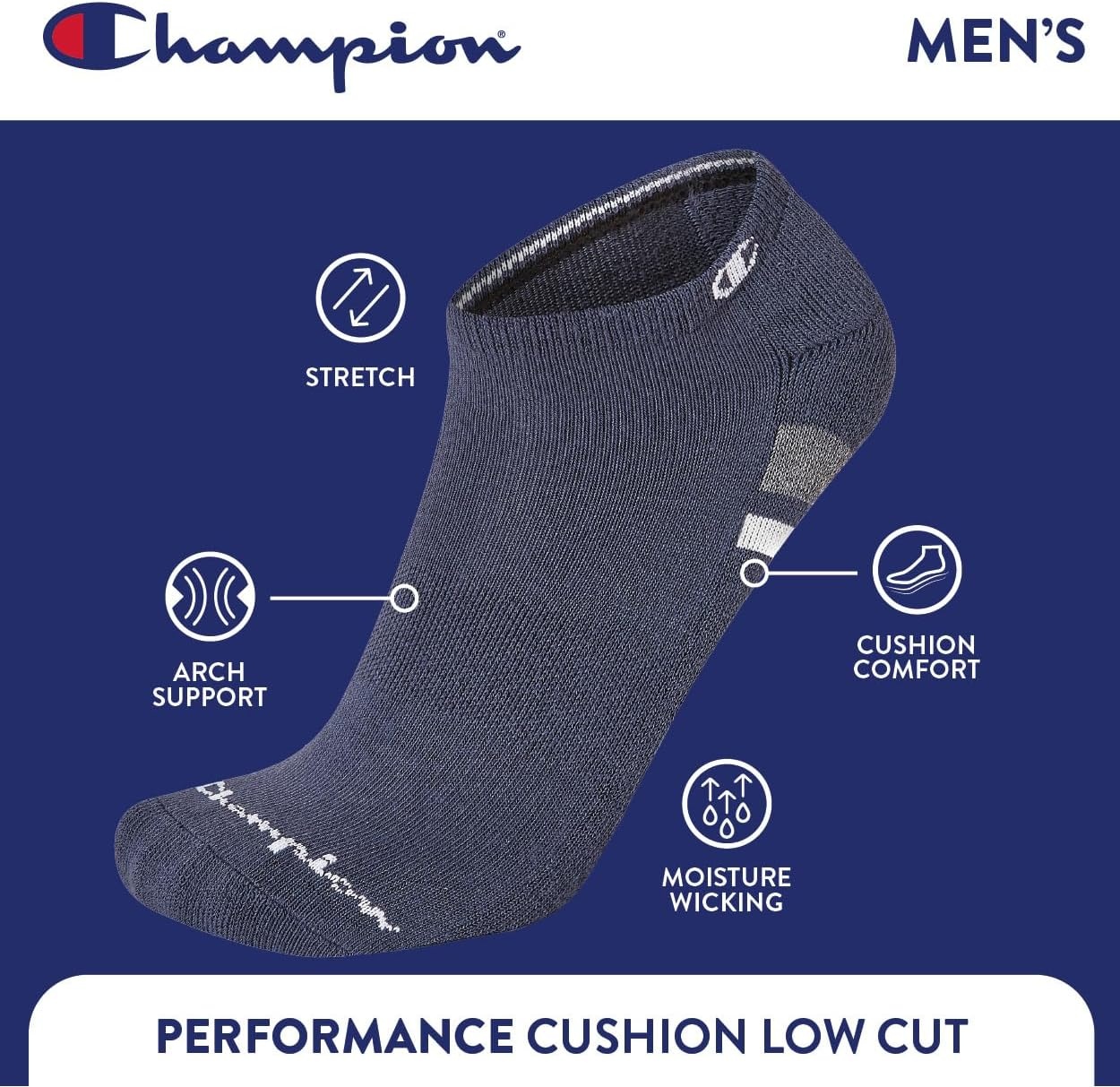 image:imageChampion Mens Low Cut Beathable MoistureWicking Athletic Socks 6PackBlue Assorted Stripe
