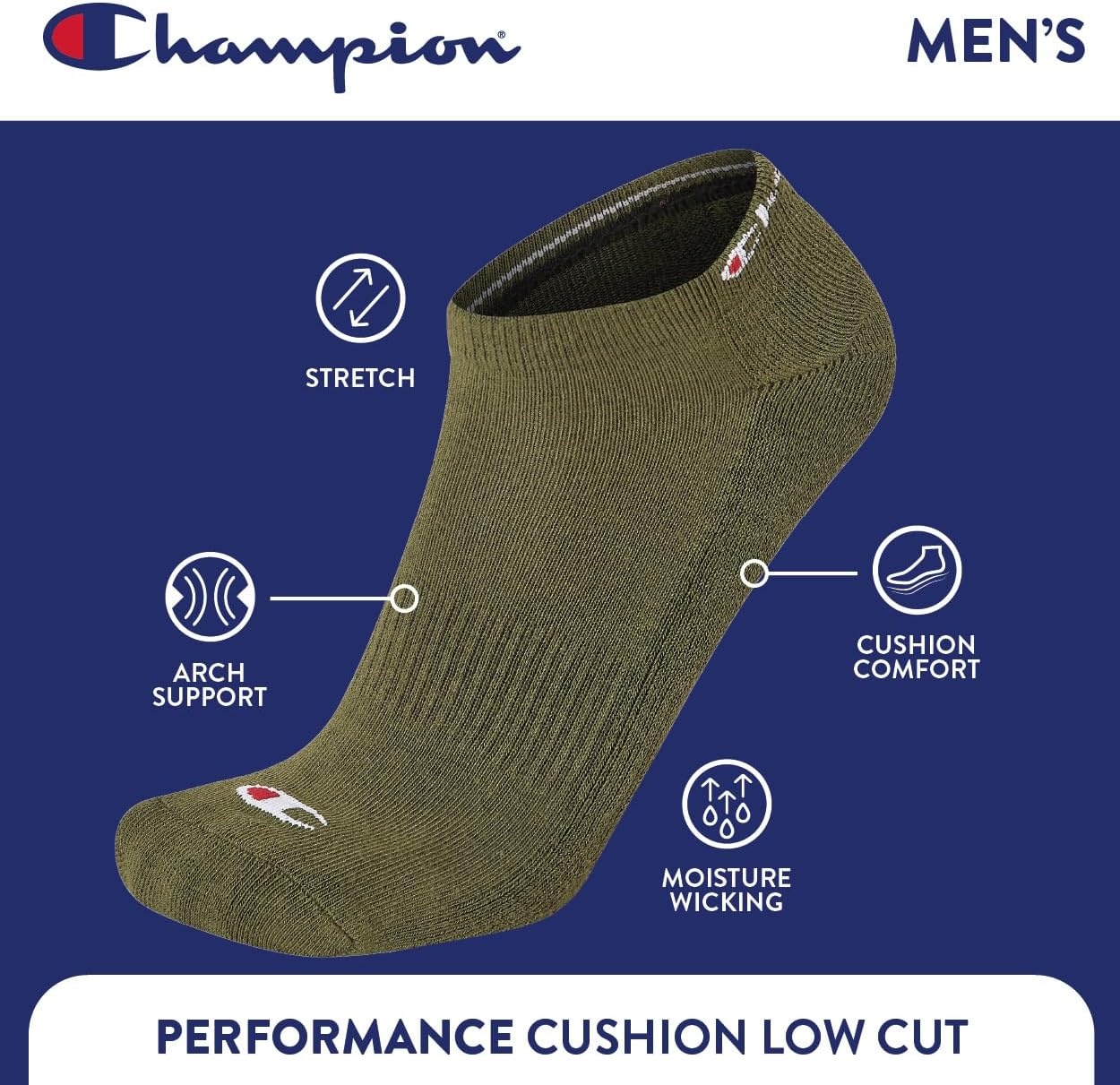 image:imageChampion Mens Low Cut Beathable MoistureWicking Athletic Socks 6PackGreen Assorted