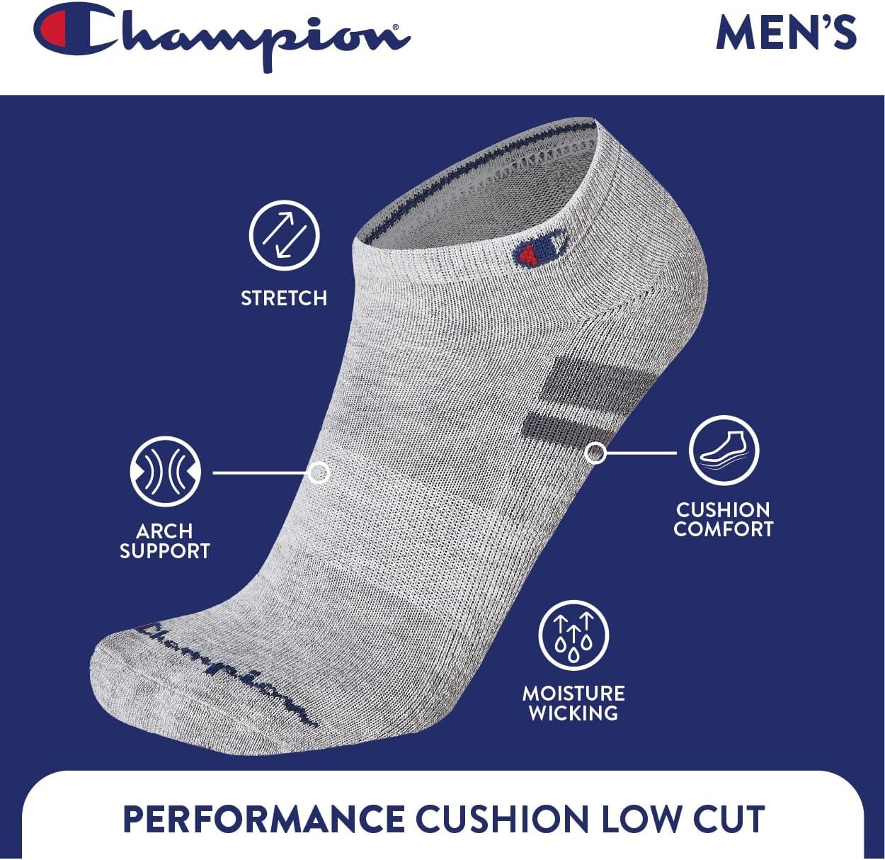 image:imageChampion Mens Low Cut Beathable MoistureWicking Athletic Socks 6PackGrey Multi Stripe