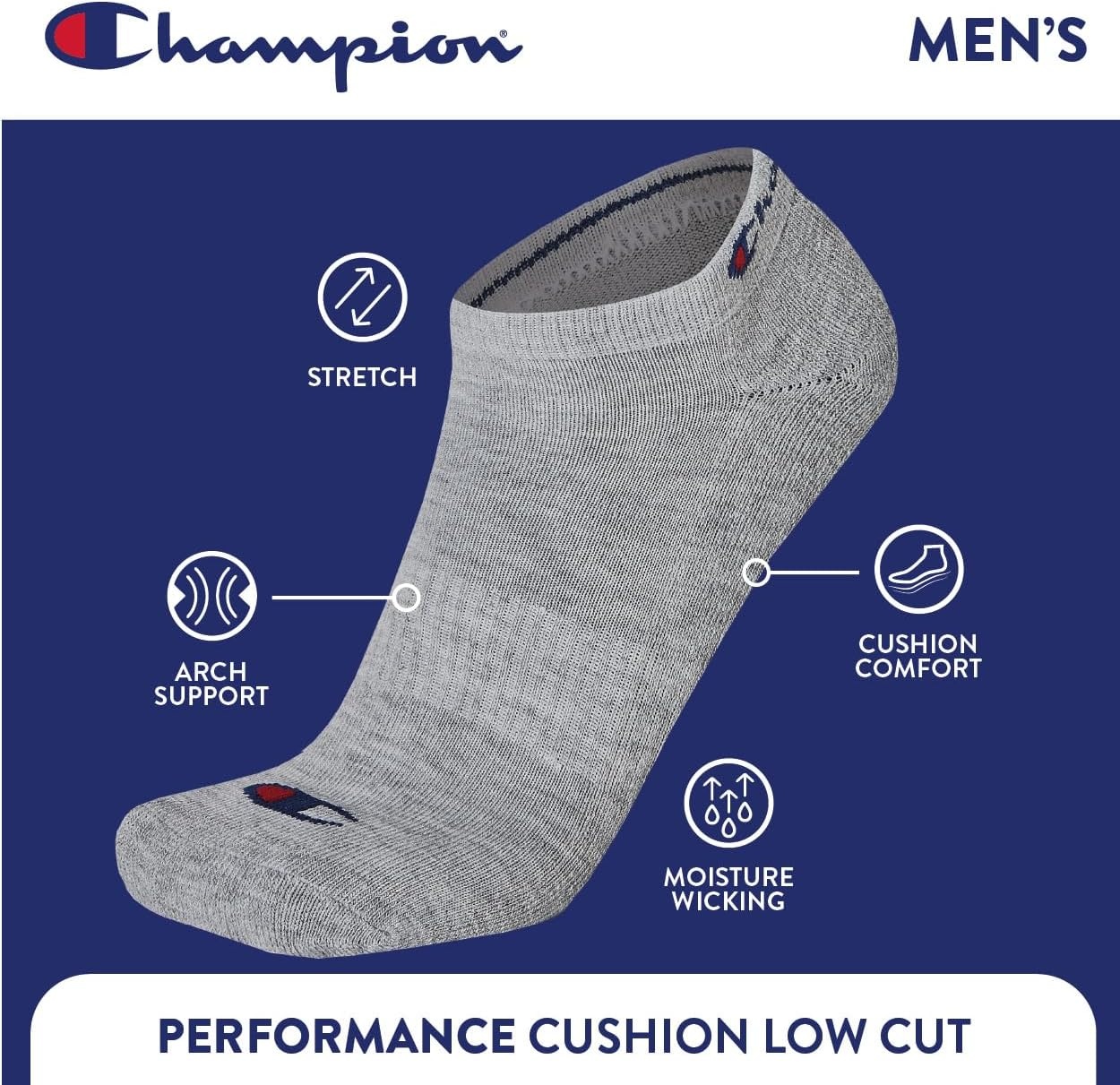 image:imageChampion Mens Low Cut Beathable MoistureWicking Athletic Socks 6PackMulti Toe Logo