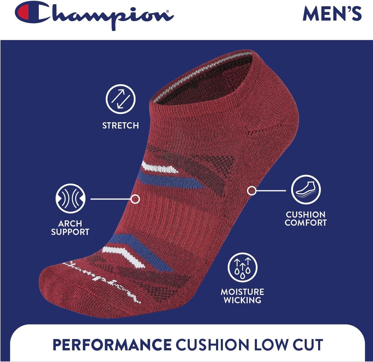 image:imageChampion Mens Low Cut Beathable MoistureWicking Athletic Socks 6PackRedBlue Multi Logo