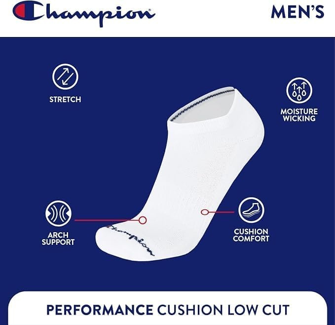image:imageChampion Mens Low Cut Beathable MoistureWicking Athletic Socks 6PackWhite Toe Logo