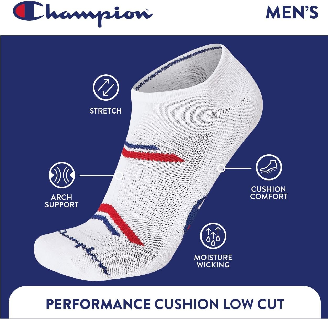 image:imageChampion Mens Low Cut Beathable MoistureWicking Athletic Socks 6PackWhite Logo