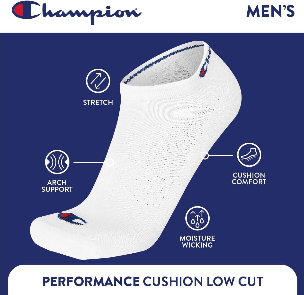 image:imageChampion Mens Low Cut Beathable MoistureWicking Athletic Socks 6PackWhite Toe Logo