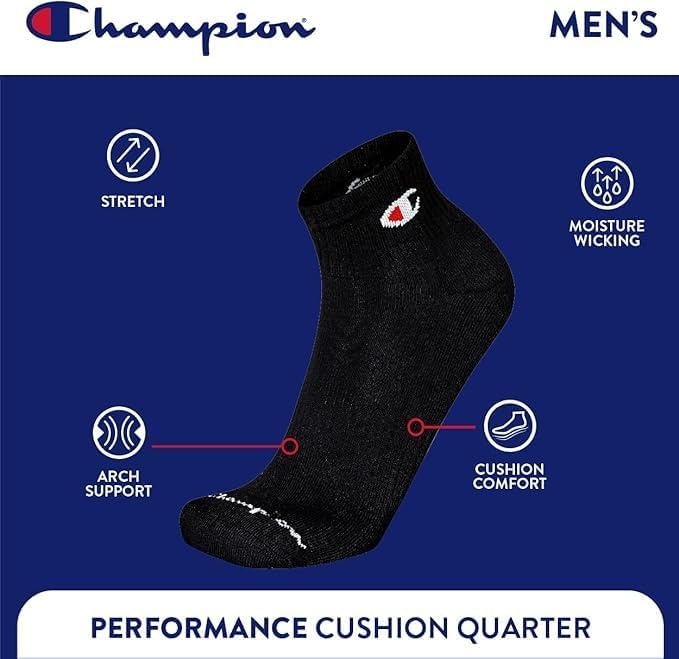 image:imageChampion Mens MoistureWicking Cushioning amp Arch Support Ankle Socks 6PackBlack