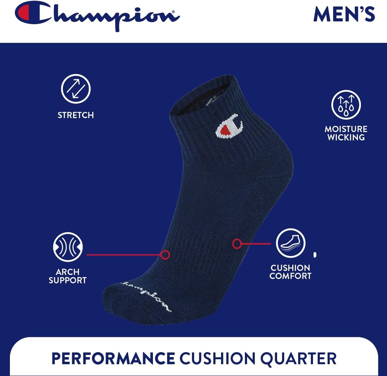 image:imageChampion Mens MoistureWicking Cushioning amp Arch Support Ankle Socks 6PackBlue Assorted