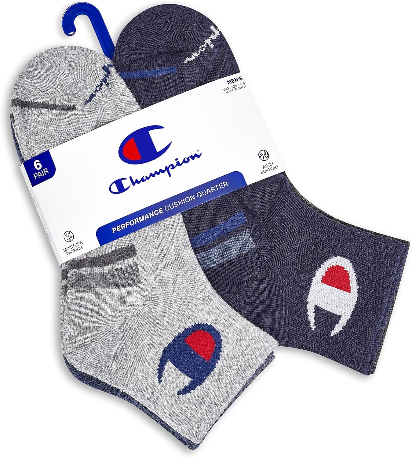 image:imageChampion Mens MoistureWicking Cushioning amp Arch Support Ankle Socks 6PackGrey Multi Cuff Logo