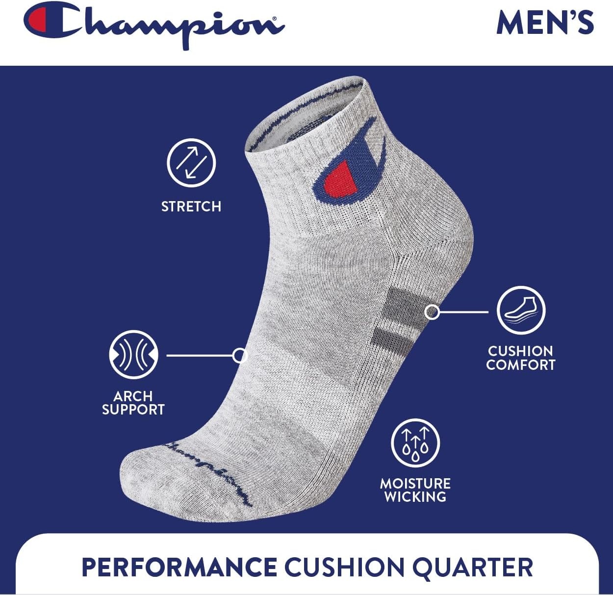 image:imageChampion Mens MoistureWicking Cushioning amp Arch Support Ankle Socks 6PackGrey Multi Cuff Logo