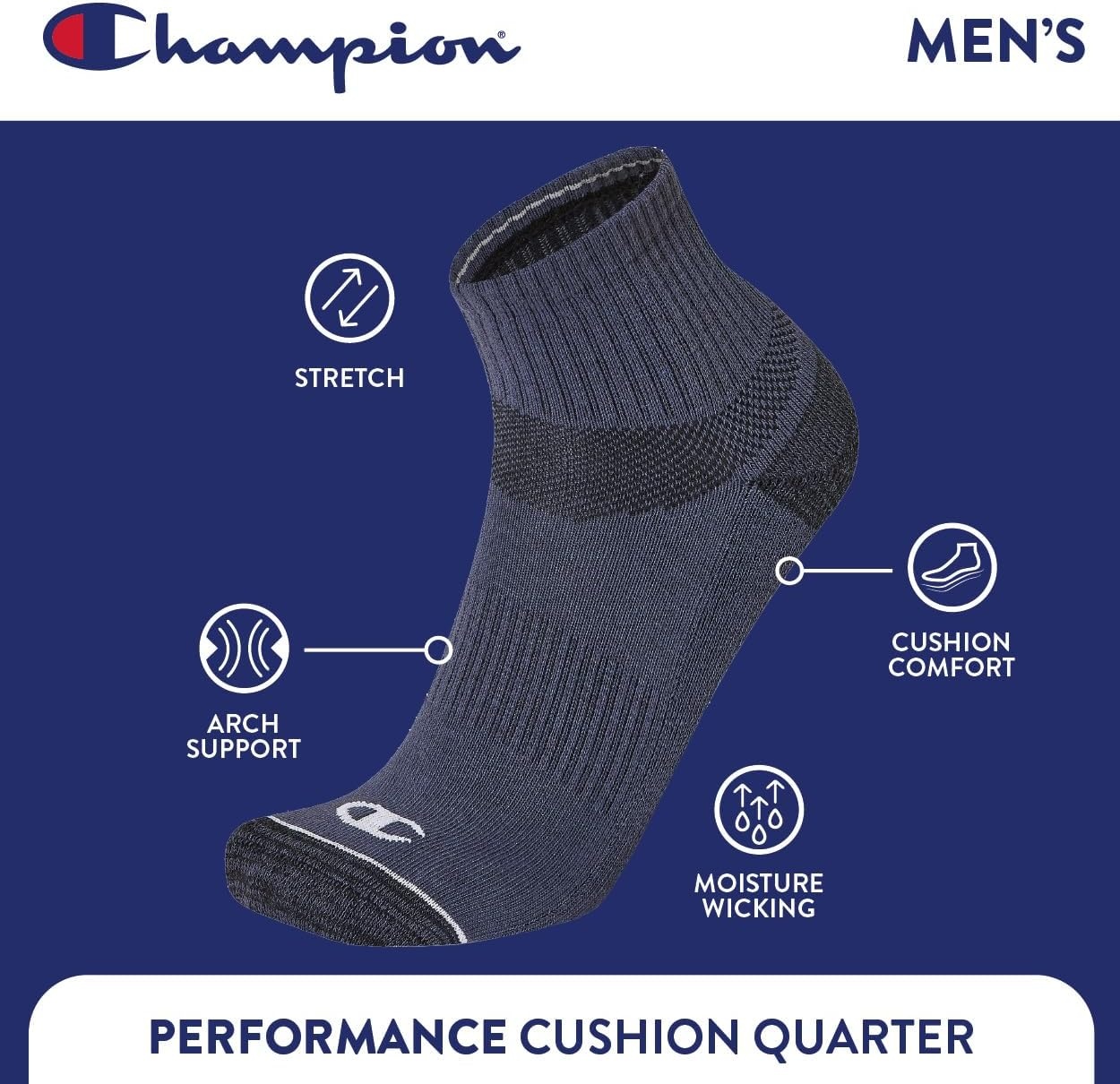 image:imageChampion Mens MoistureWicking Cushioning amp Arch Support Ankle Socks 6PackGreyGreen Multi