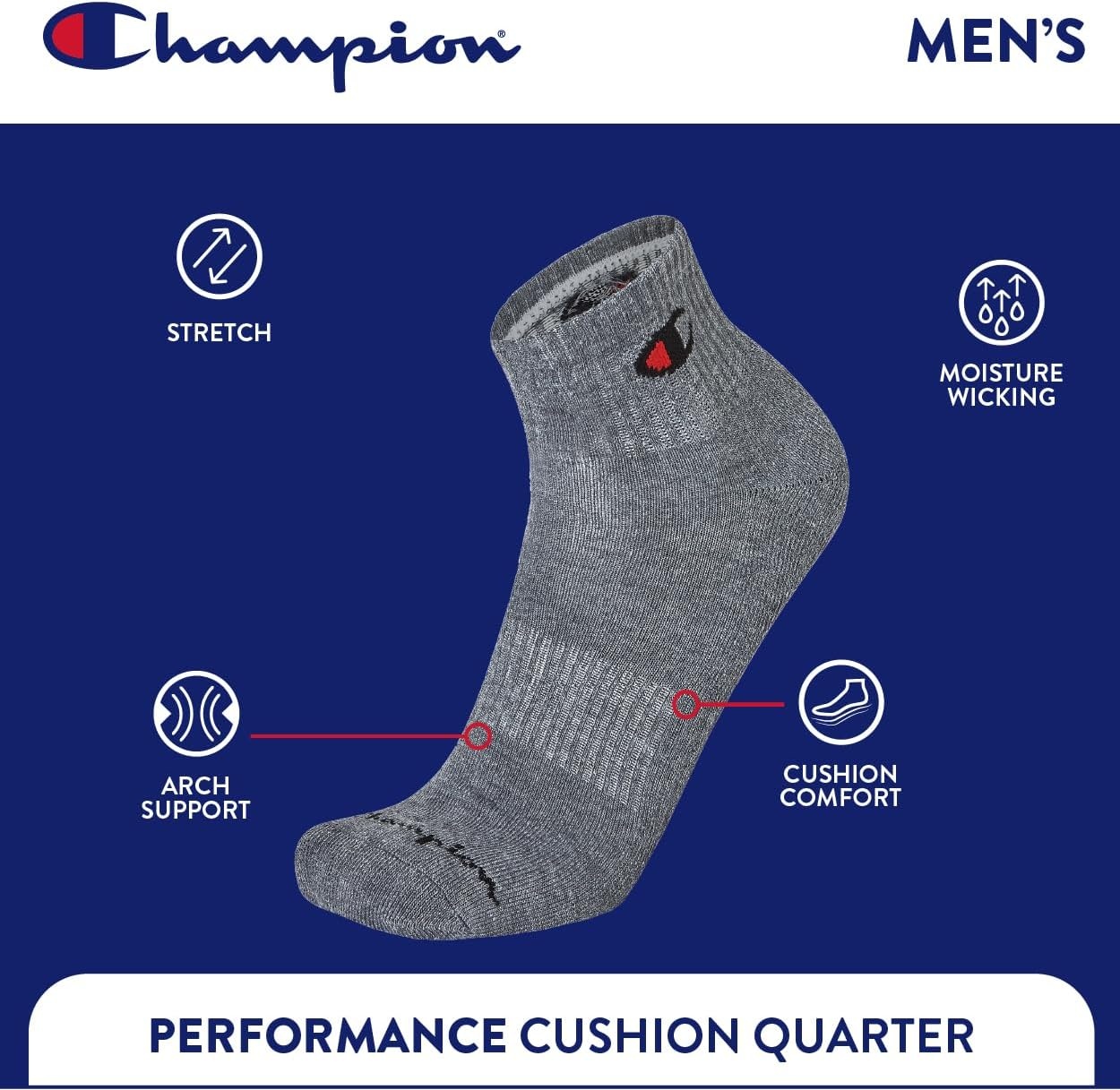 image:imageChampion Mens MoistureWicking Cushioning amp Arch Support Ankle Socks 6PackMulti White Grey Black
