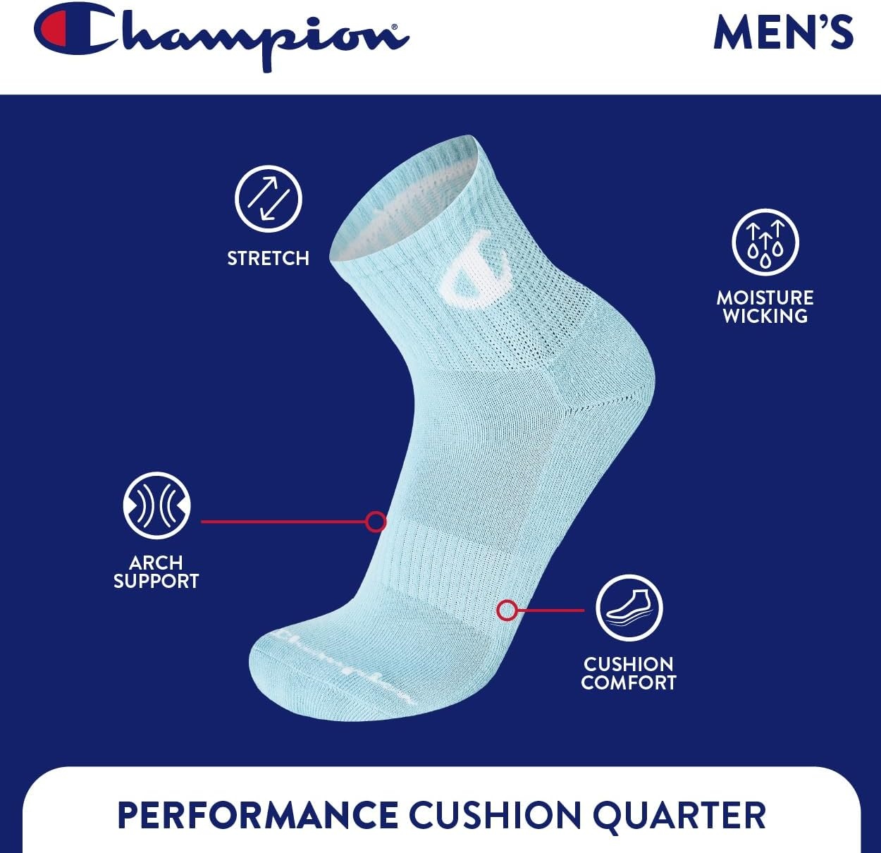 image:imageChampion Mens MoistureWicking Cushioning amp Arch Support Ankle Socks 6PackTanBlackBlue Multi