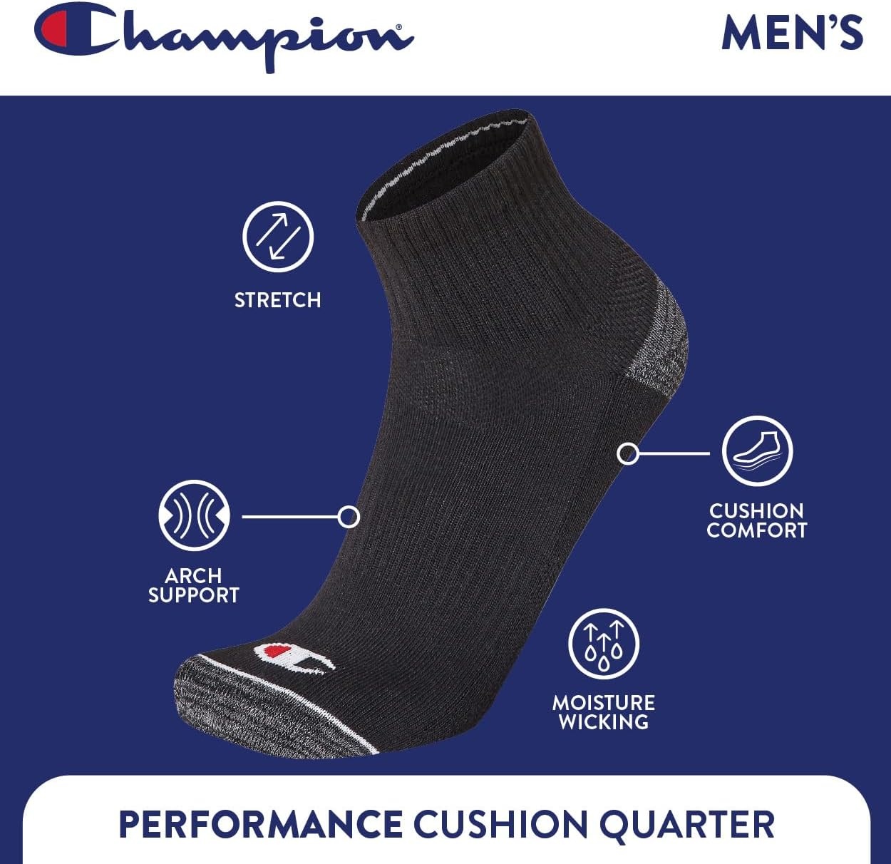 image:imageChampion Mens MoistureWicking Cushioning amp Arch Support Ankle Socks 6PackTrue Black