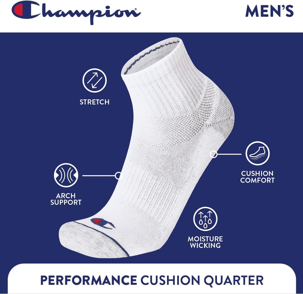 image:imageChampion Mens MoistureWicking Cushioning amp Arch Support Ankle Socks 6PackWhite Assorted