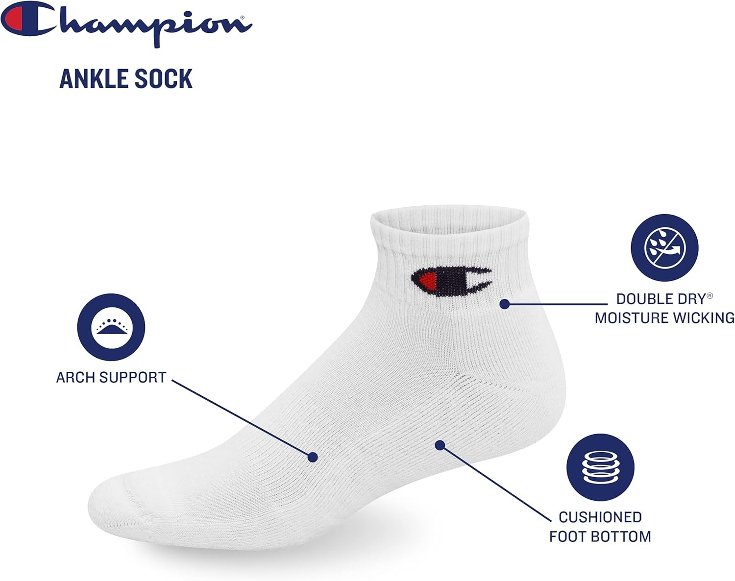 image:imageChampion Mens MoistureWicking Cushioning amp Arch Support Ankle Socks 6PackWhiteGreyBlack 6 Pack