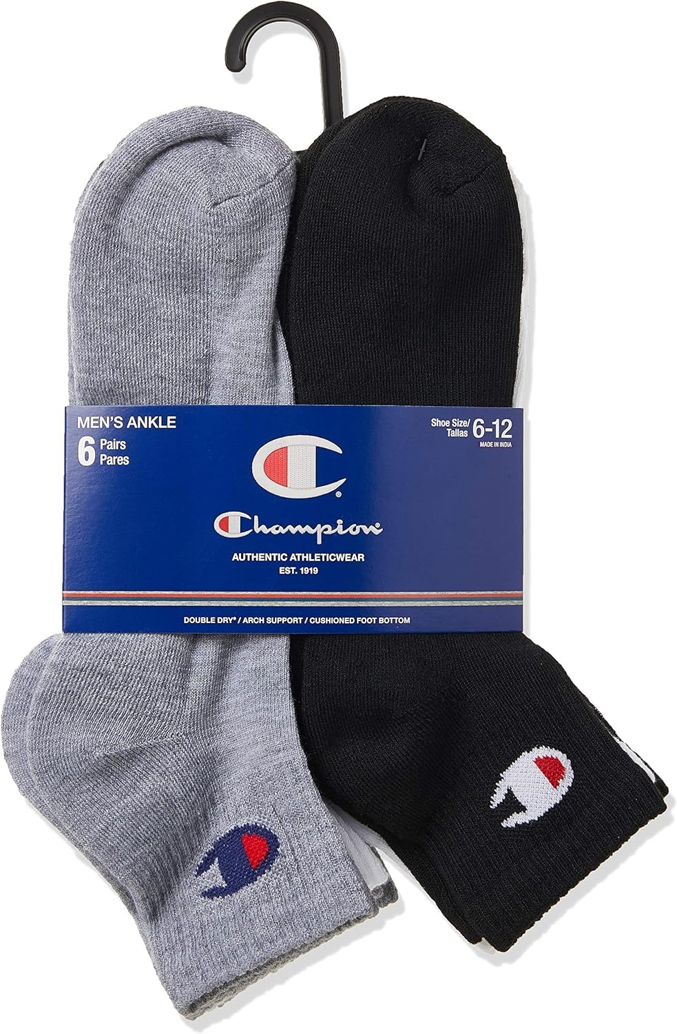 image:imageChampion Mens MoistureWicking Cushioning amp Arch Support Ankle Socks 6PackWhiteGreyBlack 6 Pack