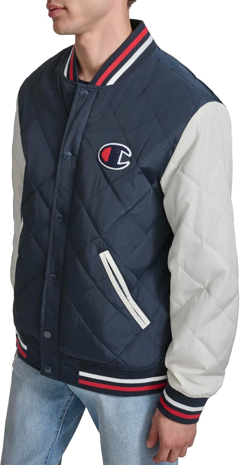image:imageChampion Mens Retro Diamond Quilted Bomber Varsity JacketNavyWhite