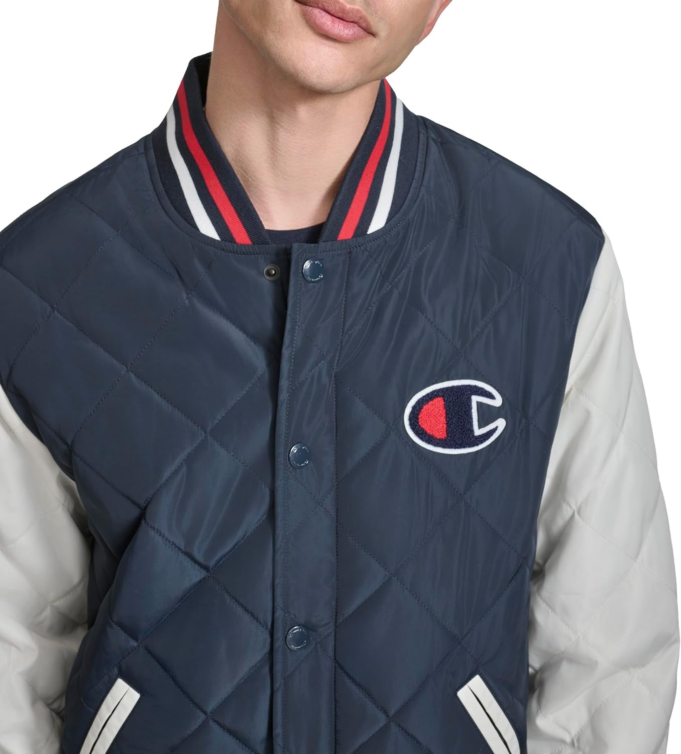 image:imageChampion Mens Retro Diamond Quilted Bomber Varsity JacketNavyWhite