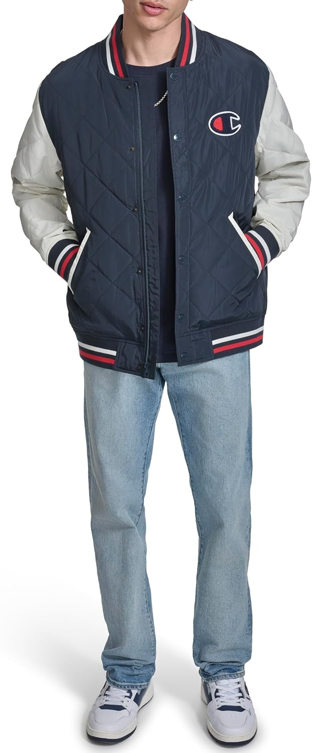 image:imageChampion Mens Retro Diamond Quilted Bomber Varsity JacketNavyWhite