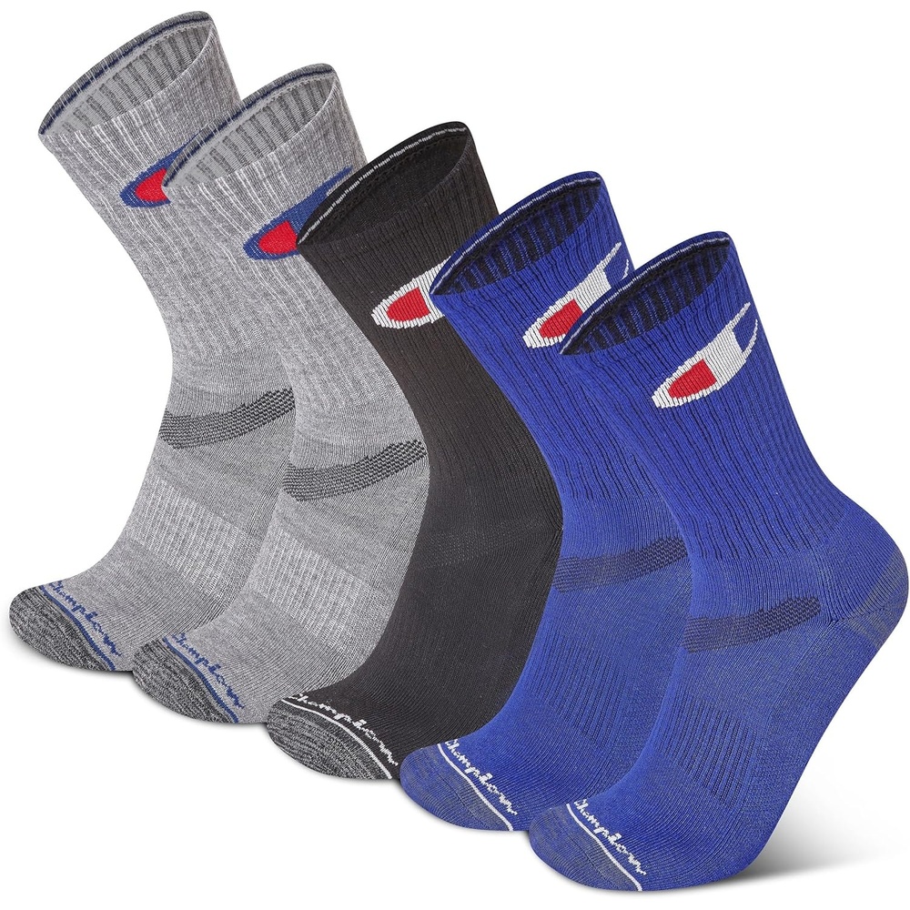 image:imageChampion Mens Crew Socks Moisturewicking Athletic Socks With Cushioning amp Arch Support Size 612Blue Assorted Cuff Logo