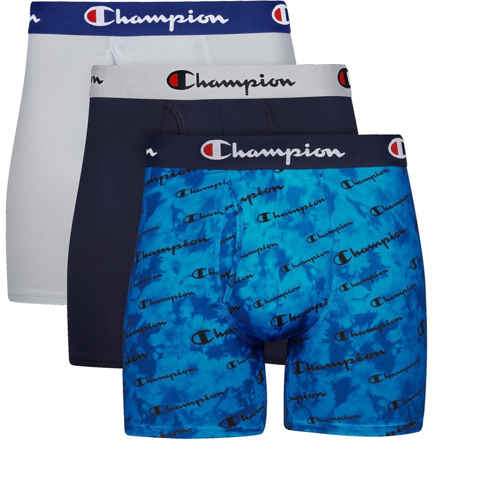 image:imageChampion Mens Everyday Active Lightweight Stretch Variety Boxer Briefs 3 PackBlue Print With Champion LogoNavySilverstone 3 Pack