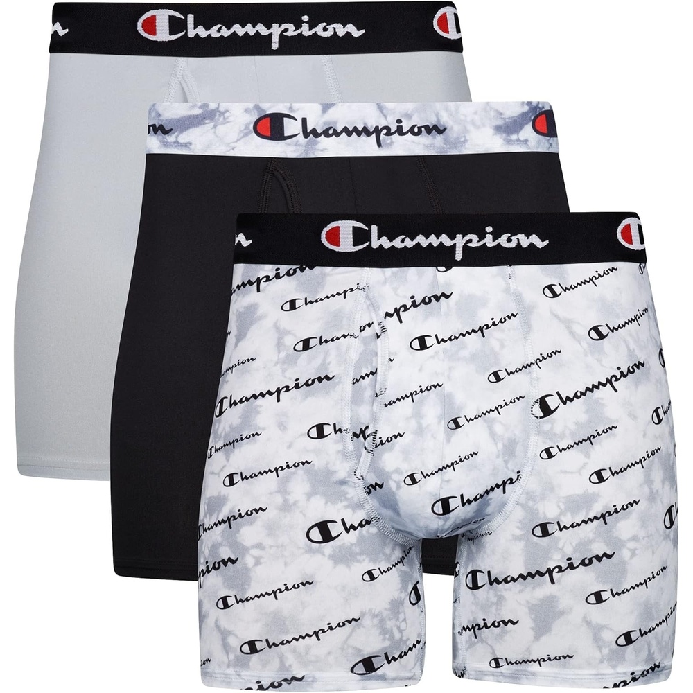 image:imageChampion Mens Everyday Active Lightweight Stretch Variety Boxer Briefs 3 PackGrey Print With Script LogoNew EbonySilverstone 3 Pack