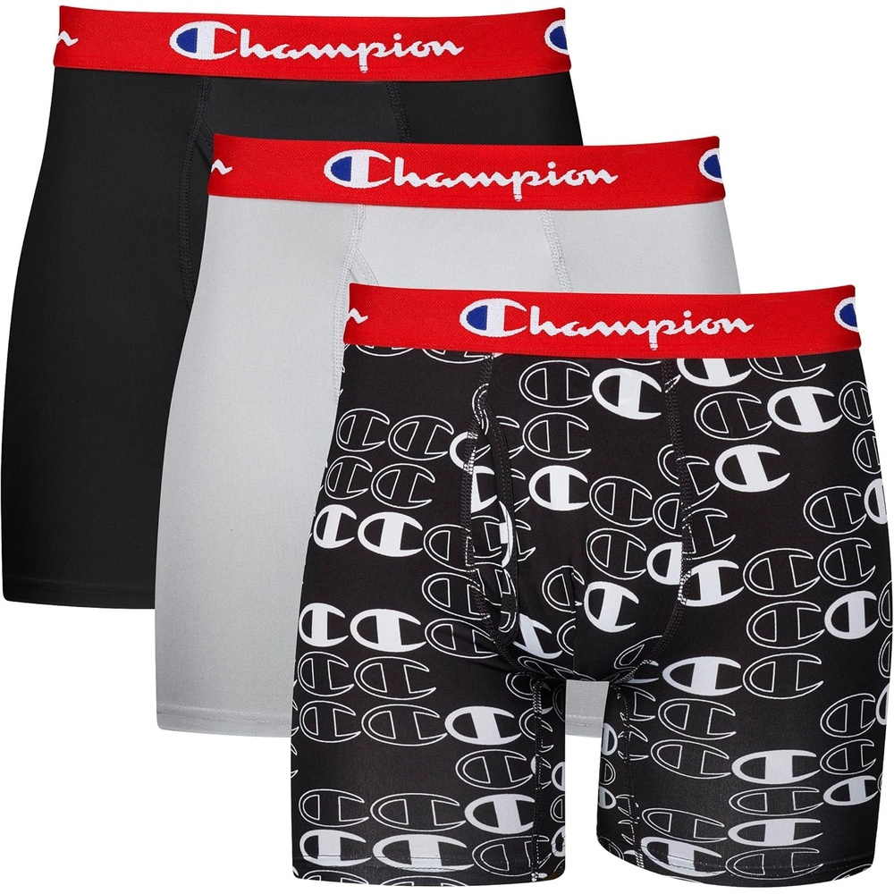 image:imageChampion Mens Everyday Active Lightweight Stretch Variety Boxer Briefs 3 PackNew EbonyNew Ebony With C Logo Print Silverstone 3 Pack
