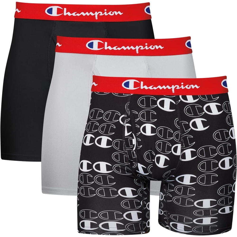 image:imageChampion Mens Everyday Active Lightweight Stretch Variety Boxer Briefs  3 PackNew EbonyNew Ebony With C Logo PrintSilverstone